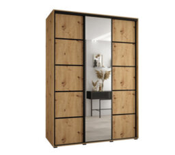 Arte Rustic Oak Artisan Mirrored Cannes V Sliding Wardrobe H2050mm W1800mm D600mm With Custom Black Steel Handles And Decorative Strips