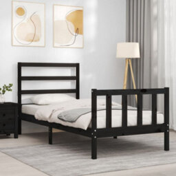 Berkfield Bed Frame With Headboard Black Small Single Solid Wood - thumbnail 4