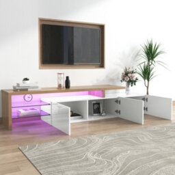 Matteo Modern Tv Media Unit With Led Lighting, High Gloss White & Wood Effect, Glass Shelves & Storage For Living Room 192.5Cm - thumbnail 3
