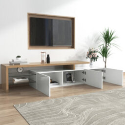Matteo Modern Tv Media Unit With Led Lighting, High Gloss White & Wood Effect, Glass Shelves & Storage For Living Room 192.5Cm - thumbnail 2