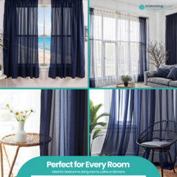 "Neel Blue Voile Curtains Slot Top, 2 Curtains, Navy Blue - 56"" Width X 90"" Drop" - thumbnail 8