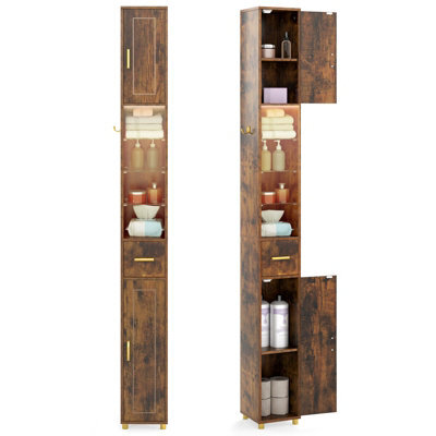Gainoom 180 Cm Tall Bathroom Cabinet Brown Narrow Storage Organizer W/ 3 Doors - image 1