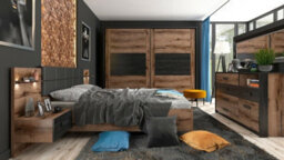 Impact Furniture Luxury King Size Bedroom Furniture Set Sliding Wardrobe Bed Frame Bedsides Sideboard Usb Charger Led Light Oak Black Kassel
