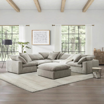 Xample Aiden And Ivy Sereen 6 Piece Modular Sofa Beige Fabric Feather Cushion Corner Sofa Set Ottoman Pillows Large Seating - image 1