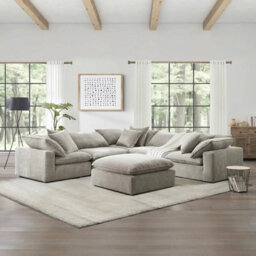 Xample Aiden And Ivy Sereen 6 Piece Modular Sofa Beige Fabric Feather Cushion Corner Sofa Set Ottoman Pillows Large Seating