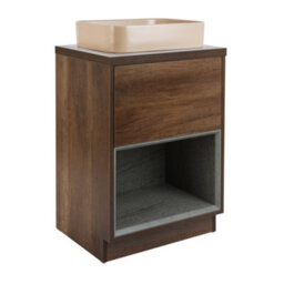 Homestylestore Dark Oak 600mm Led Lit Bathroom Vanity Unit Rectangular Sand Basin And Open Shelf - thumbnail 1