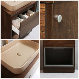 Homestylestore Dark Oak 600mm Led Lit Bathroom Vanity Unit Rectangular Sand Basin And Open Shelf - thumbnail 2