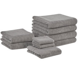 Beliani Set Of 9 Towels Mitiaro Terry Cotton Grey