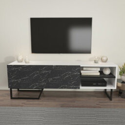 Decorotika Denasse Tv Stand Tv Unit For Tvs Up To 60 Inch White Black Marble Effect And Black - thumbnail 1
