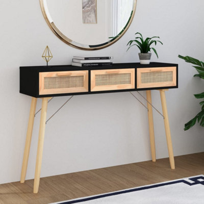 Berkfield Console Table Black 105X30X75 Cm Solid Wood Pine&natural Rattan - image 1