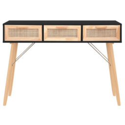 Berkfield Console Table Black 105X30X75 Cm Solid Wood Pine&natural Rattan - thumbnail 3