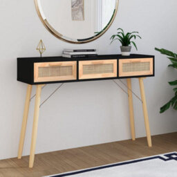 Berkfield Console Table Black 105X30X75 Cm Solid Wood Pine&natural Rattan