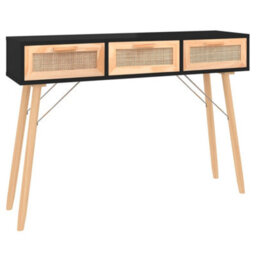 Berkfield Console Table Black 105X30X75 Cm Solid Wood Pine&natural Rattan - thumbnail 2