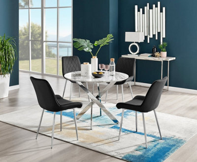 Furniturebox Novara White Marble Effect 100Cm Round Dining Table With Chrome Starburst Legs & 4 Black Velvet Pesaro Chairs - image 1