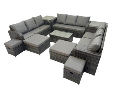 Fimous Outdoor 3 Seater Sofa Coffee Table Set Garden Rattan Furniture Set 13 Seater With 2 Side Tables 4 Stools Dark Grey - image 1
