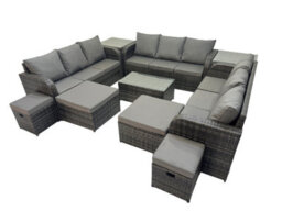 Fimous Outdoor 3 Seater Sofa Coffee Table Set Garden Rattan Furniture Set 13 Seater With 2 Side Tables 4 Stools Dark Grey - thumbnail 1