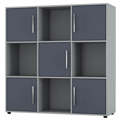 Urbn-Living Urbnliving 91Cm Height 9 Cube Bookcase Grey Wood Door Metal Handle Display Storage Shelf - image 1
