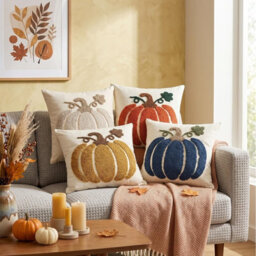 Amorly 2 Pack Blue Pumpkin Cushion Covers, 45 X 45Cm Autumn Pillow Covers, No Pillow Inserts, Farmhouse Style Fall Decor For Sofa - thumbnail 6