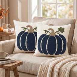 Amorly 2 Pack Blue Pumpkin Cushion Covers, 45 X 45Cm Autumn Pillow Covers, No Pillow Inserts, Farmhouse Style Fall Decor For Sofa - thumbnail 4