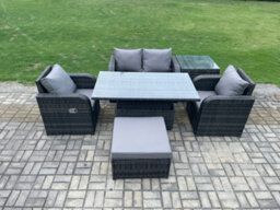 Fimous Pe Rattan Outdoor Garden Furniture Set Height Adjustable Rising Lifting Dining Table Love Sofa With Side Table - thumbnail 2