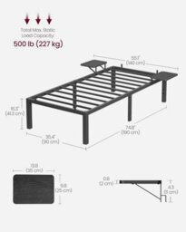 Songmics Vasagle Single Bed Frame, Metal Bed Frame, With Bedside Shelves, Guest Bed Frame, Easy Assembly, Classic Black - thumbnail 2