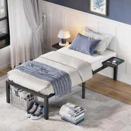 Single Bed Frame, Metal Bed Frame, With Bedside Shelves, Guest Bed Frame, Easy Assembly, Classic Black