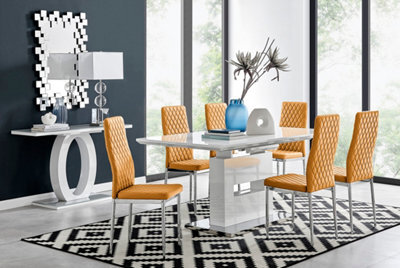 Furniturebox Arezzo White High Gloss Extending Dining Table & 6 Mustard Yellow Milan Faux Leather Dining Chairs - image 1