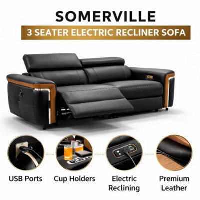 Stratus Interiors Somerville Electric Leather Recliner Sofa - Black - 3 Seater Power Reclining Sofa With Usb Charging & Cup Holders - image 1