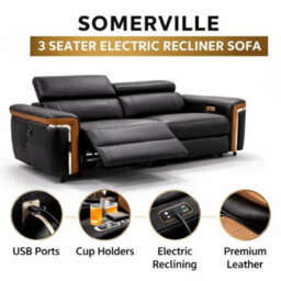 Stratus Interiors Somerville Electric Leather Recliner Sofa - Black  - Usb Charging & Cup Holders  - 3 Seater - thumbnail 1