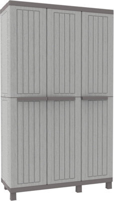 Terry 3-Door Storage Cabinet W/ Inner Shelves, Grey Plastic Storage W/ Wooden Texture