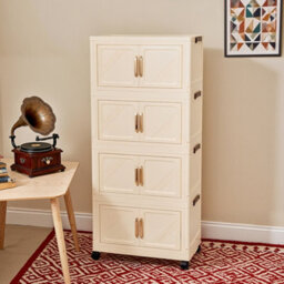 Darphe Cream Foldable 4 Tier Rolling Plastic Storage Cabinet With Magnetic Double Doors - thumbnail 2