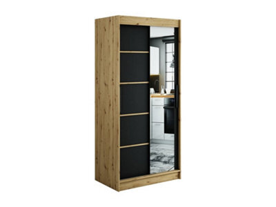 Arte Leto V2 Contemporary 2 Sliding Mirror Door Wardrobe 5 Shelves 2 Rails Black Matt And Oak Effect (H)2000mm (W)1000mm (D)620mm - image 1