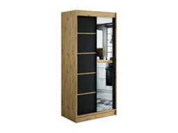 Arte Leto V2 Contemporary 2 Sliding Mirror Door Wardrobe 5 Shelves 2 Rails Black Matt And Oak Effect (H)2000mm (W)1000mm (D)620mm - thumbnail 1