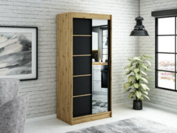 Arte Leto V2 Contemporary 2 Sliding Mirror Door Wardrobe 5 Shelves 2 Rails Black Matt And Oak Effect (H)2000mm (W)1000mm (D)620mm - thumbnail 2