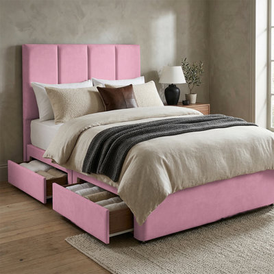 "Adore Designs Stafford Plush Velvet Divan Bed, 50"" Headboard - 3Ft Single - Pink - 2 Drawers Same Side" - image 1