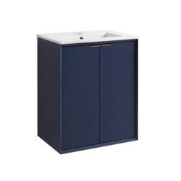 Homestylestore Navy Blue 610mm Wall Hung Bathroom Vanity Unit With Basin And Brushed Copper Finger Pull Handle