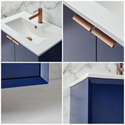 Homestylestore Navy Blue 610mm Wall Hung Bathroom Vanity Unit With Basin And Brushed Copper Finger Pull Handle - thumbnail 3