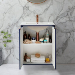 Homestylestore Navy Blue 610mm Wall Hung Bathroom Vanity Unit With Basin And Brushed Copper Finger Pull Handle - thumbnail 2