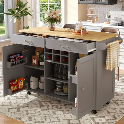 Btm Kitchen Island 102X45X92Cm, Serving Cart With Storage, Wood Grain Sideboard, Grey