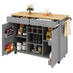 Btm Kitchen Island 102X45X92Cm, Serving Cart With Storage, Wood Grain Sideboard, Grey - thumbnail 5