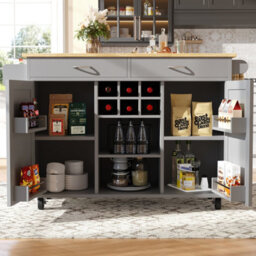 Btm Kitchen Island 102X45X92Cm, Serving Cart With Storage, Wood Grain Sideboard, Grey - thumbnail 2