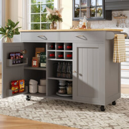 Btm Kitchen Island 102X45X92Cm, Serving Cart With Storage, Wood Grain Sideboard, Grey - thumbnail 3