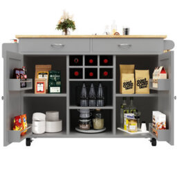 Btm Kitchen Island 102X45X92Cm, Serving Cart With Storage, Wood Grain Sideboard, Grey - thumbnail 6