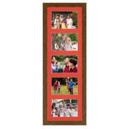 AK Frames 26X8 Dark Oak Modern Multi Photo Frame With Poppy Red Mount - Holds 5 Apertures (5X) 6X4 Photos - thumbnail 1