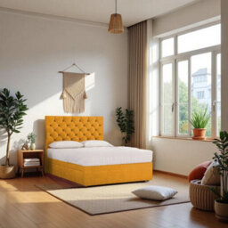 "Knight Sleep Athens Mustard Plush 4Ft Bed Set With Mattress, 2 Drawers Same Side & 24""headboard - Small Double" - thumbnail 1