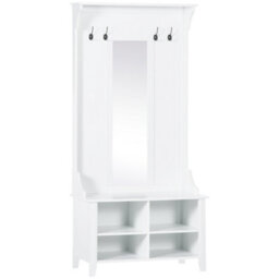 Homcom Hallway Furniture Set Shoe Bench Storage Mirror Cabinet W/ 4 Hooks - thumbnail 2