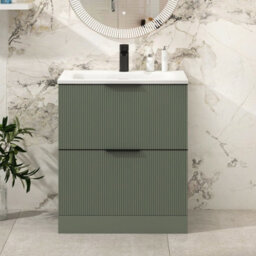 Royal Bathrooms Evora 700mm Sage Green Fluted Floor Standing Bathroom Vanity Unit 2 Drawer Cabinet Storage With Stone Basin & Matt Black Handles