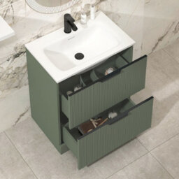Royal Bathrooms Evora 700mm Sage Green Fluted Floor Standing Bathroom Vanity Unit 2 Drawer Cabinet Storage With Stone Basin & Matt Black Handles - thumbnail 3