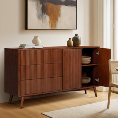 Teamson Home Tremolo Wooden Sideboard 3 Fluted Push-Open Drawers 2 Doors, Walnut - image 1