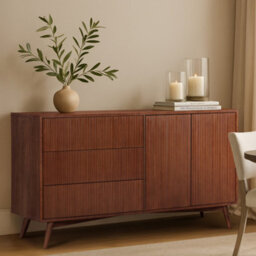 Teamson Home Tremolo Wooden Sideboard 3 Fluted Push-Open Drawers 2 Doors, Walnut - thumbnail 3